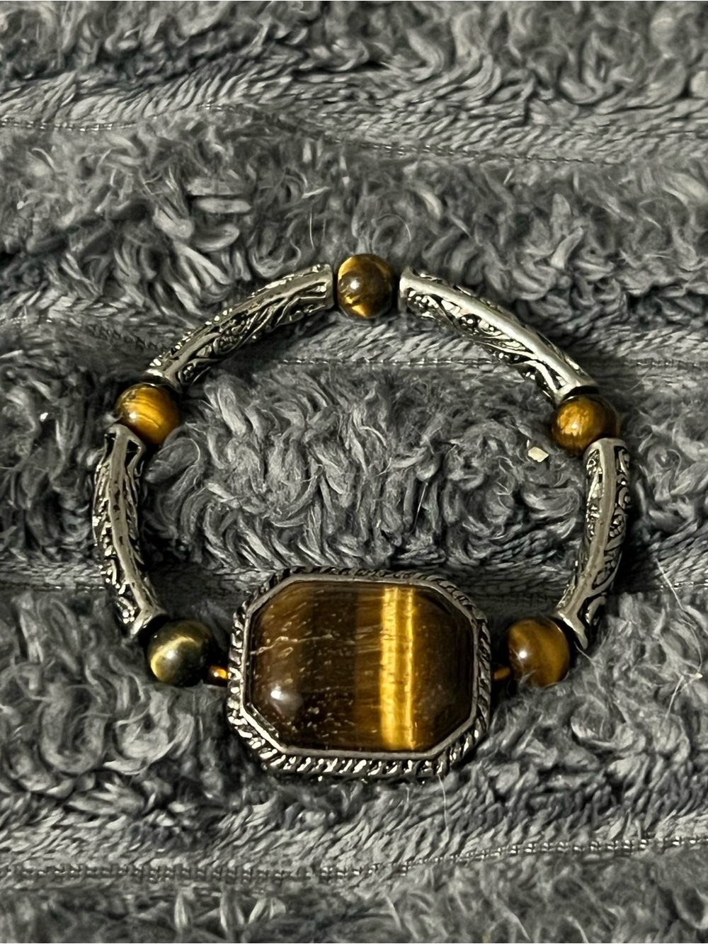 Tiger’s Eye Stretch Bracelet Large Statement Stone Silver Tone Vintage Look Boho